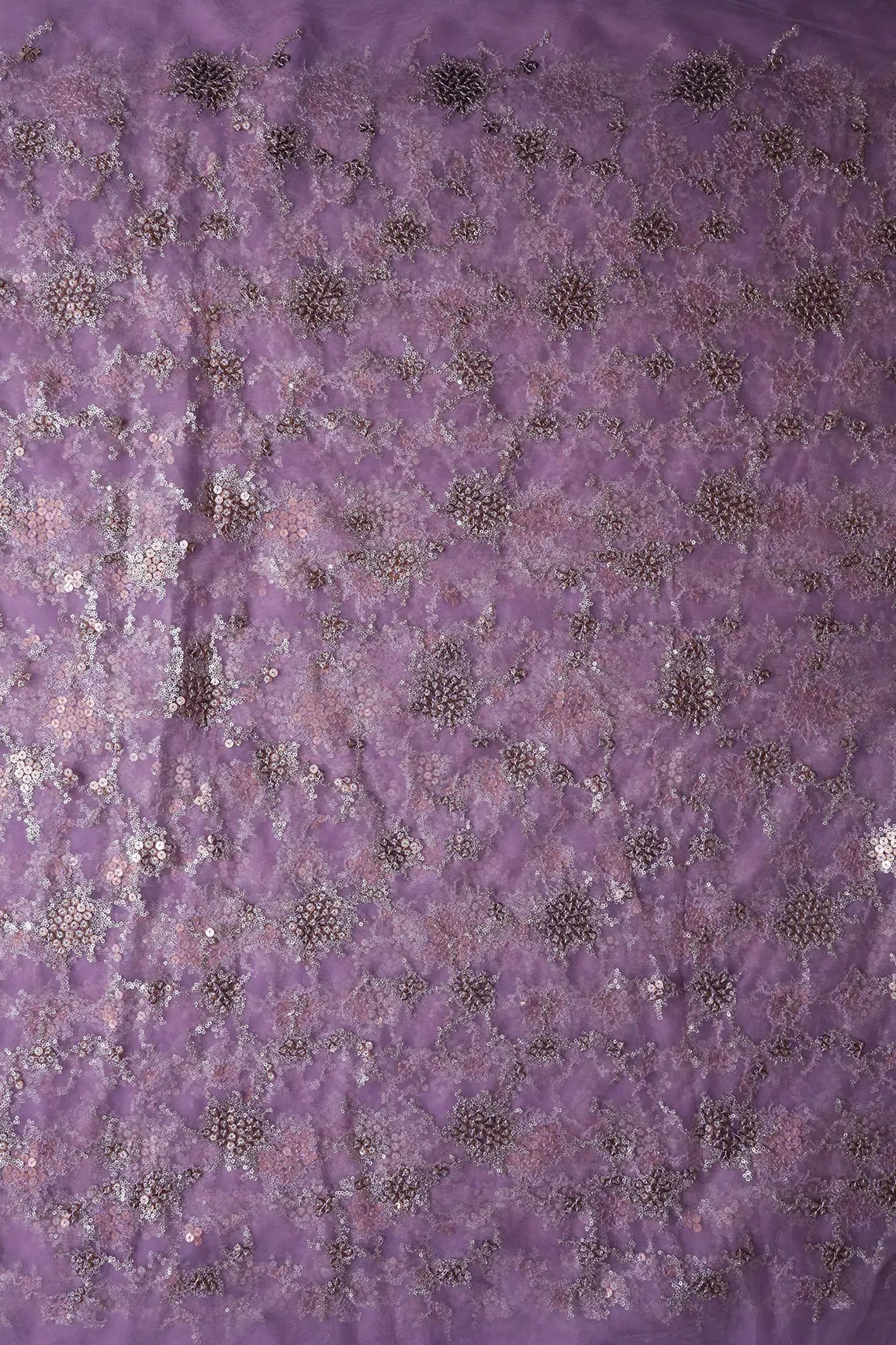 AIzaSyBcstauz-XMPRhEY21AUzeo032pxrXB5Ug - Gold Sequins With Lilac Thread Work Geometric Embroidery On Lilac Purple Soft Net Fabric