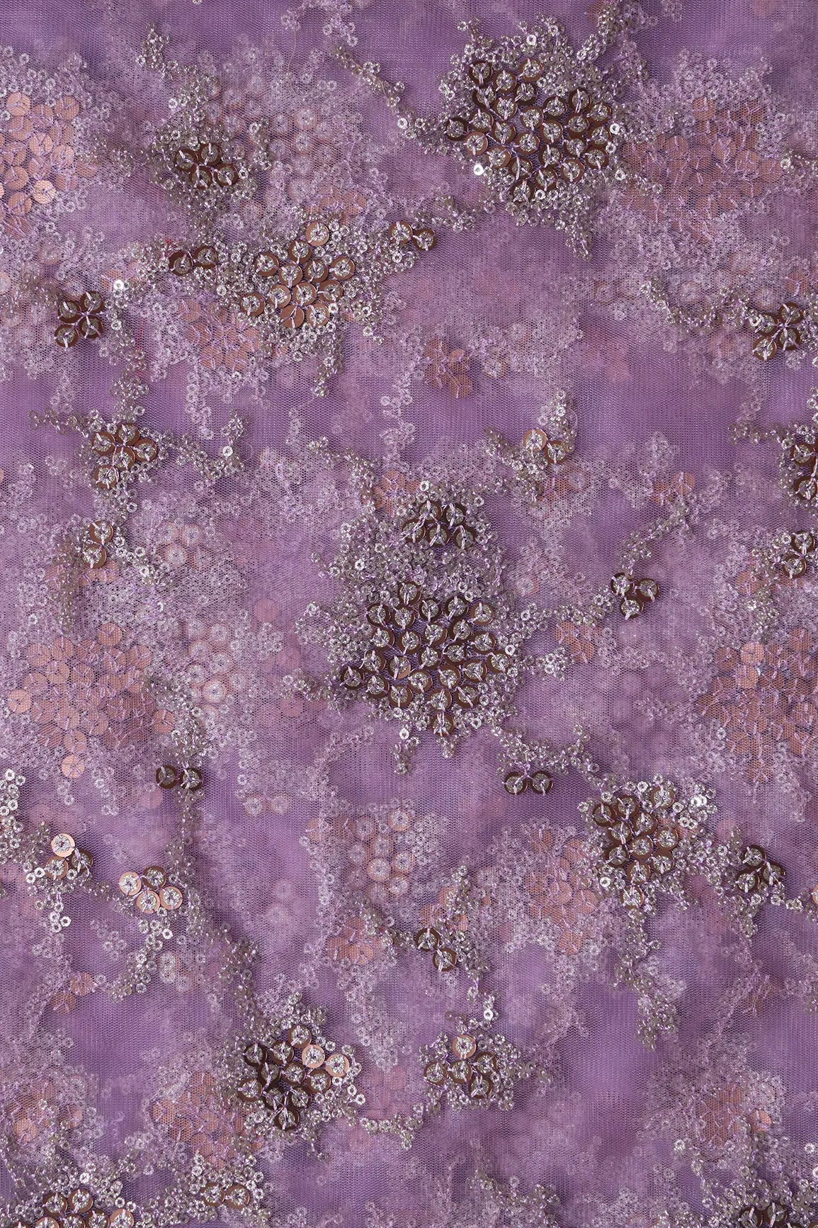 AIzaSyBcstauz-XMPRhEY21AUzeo032pxrXB5Ug - Gold Sequins With Lilac Thread Work Geometric Embroidery On Lilac Purple Soft Net Fabric