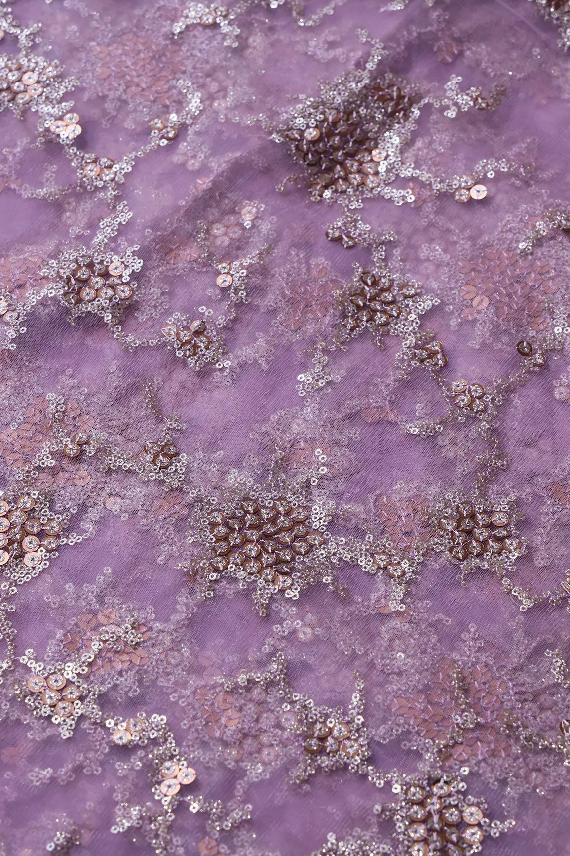 AIzaSyBcstauz-XMPRhEY21AUzeo032pxrXB5Ug - Gold Sequins With Lilac Thread Work Geometric Embroidery On Lilac Purple Soft Net Fabric