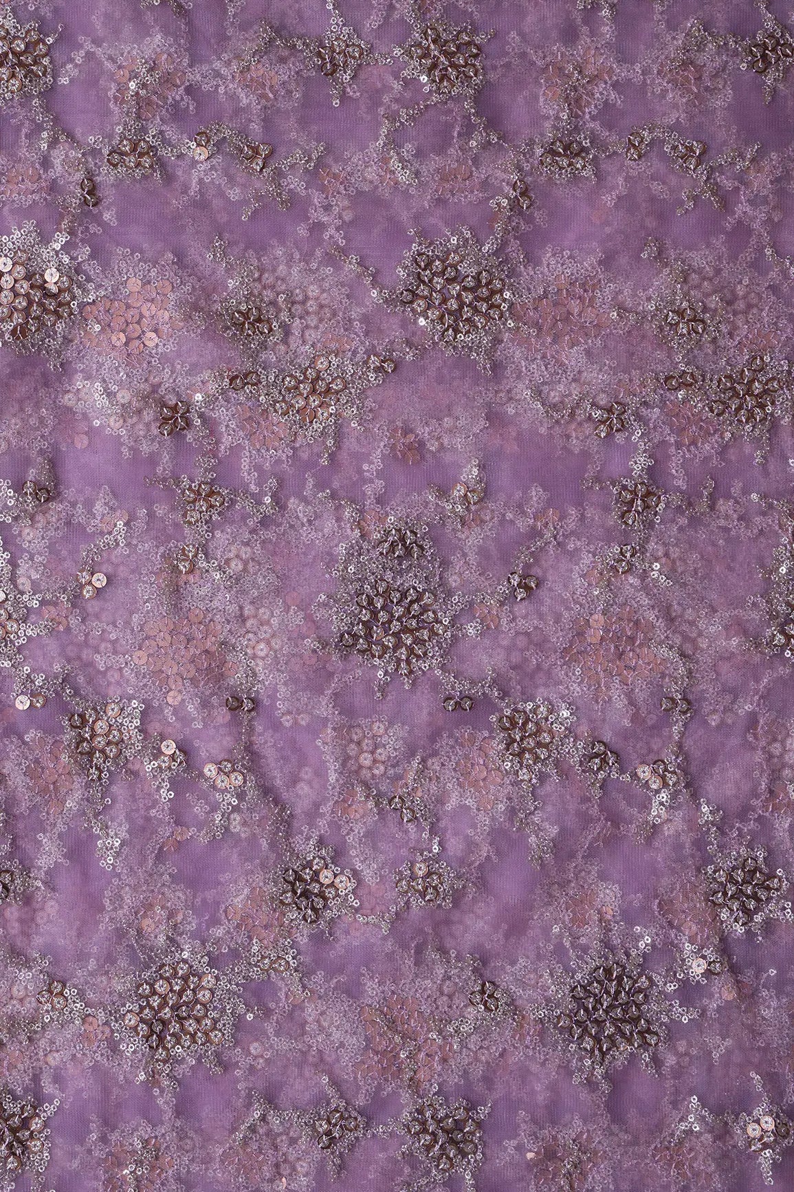 AIzaSyBcstauz-XMPRhEY21AUzeo032pxrXB5Ug - Gold Sequins With Lilac Thread Work Geometric Embroidery On Lilac Purple Soft Net Fabric