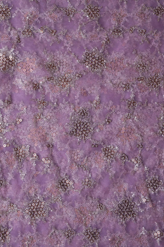AIzaSyBcstauz-XMPRhEY21AUzeo032pxrXB5Ug - Gold Sequins With Lilac Thread Work Geometric Embroidery On Lilac Purple Soft Net Fabric