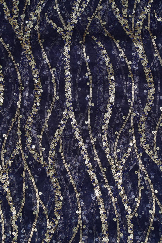 AIzaSyBcstauz-XMPRhEY21AUzeo032pxrXB5Ug - Gold Sequins With Navy Blue Thread Embroidery On Navy Blue Soft Net