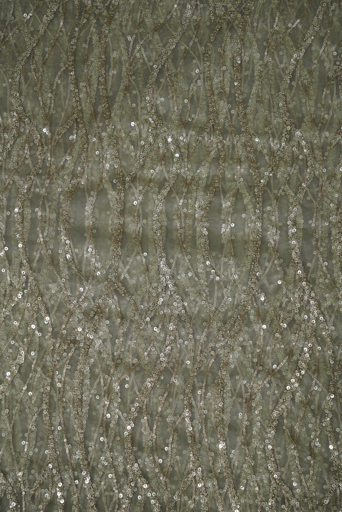 AIzaSyBcstauz-XMPRhEY21AUzeo032pxrXB5Ug - Gold Sequins With Olive Thread Embroidery On Olive Soft Net