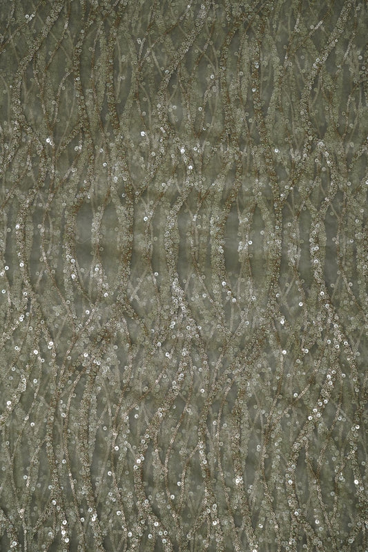 AIzaSyBcstauz-XMPRhEY21AUzeo032pxrXB5Ug - Gold Sequins With Olive Thread Embroidery On Olive Soft Net