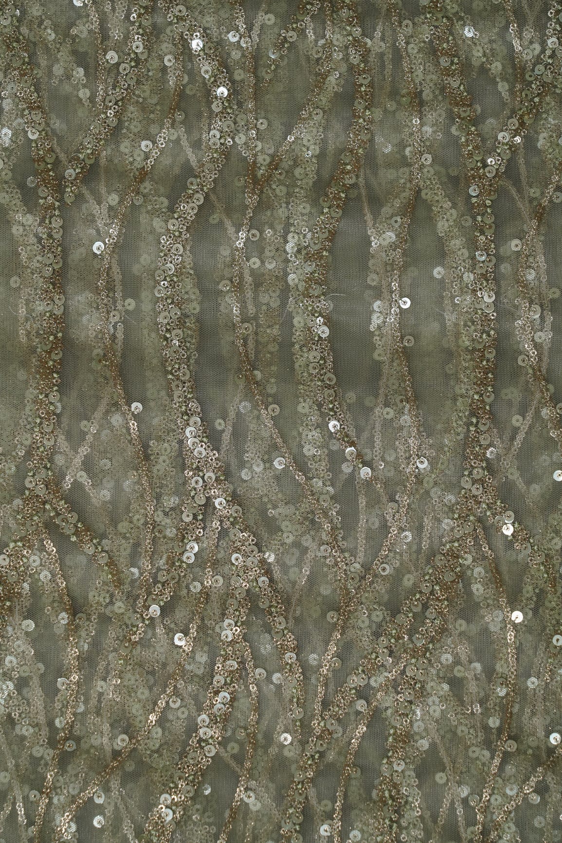AIzaSyBcstauz-XMPRhEY21AUzeo032pxrXB5Ug - Gold Sequins With Olive Thread Embroidery On Olive Soft Net