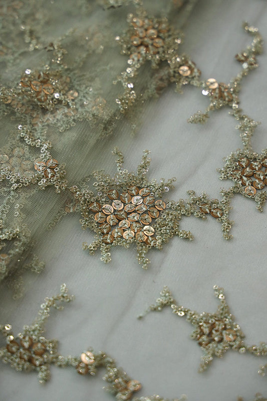 AIzaSyBcstauz-XMPRhEY21AUzeo032pxrXB5Ug - Gold Sequins with Olive Thread Work Embroidery On Olive Soft Net Fabric