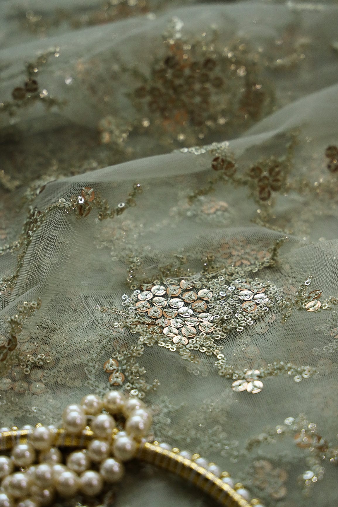 AIzaSyBcstauz-XMPRhEY21AUzeo032pxrXB5Ug - Gold Sequins with Olive Thread Work Embroidery On Olive Soft Net Fabric