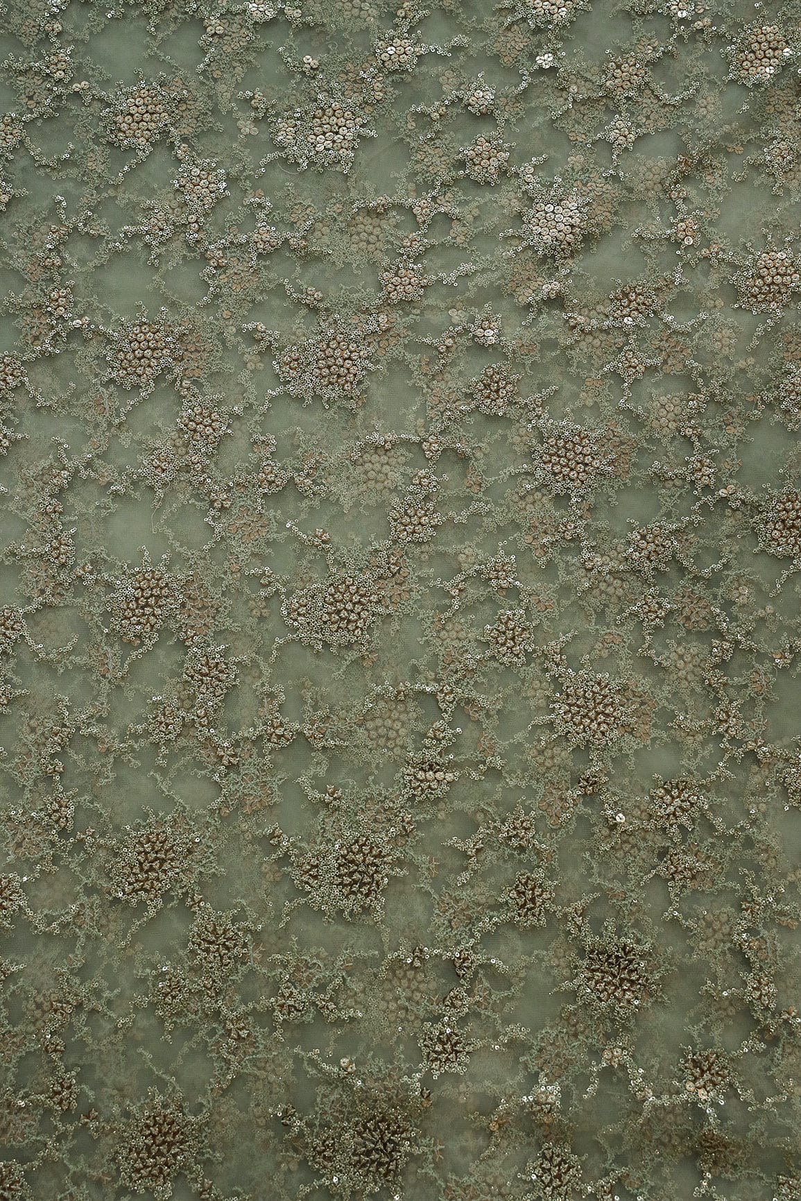 AIzaSyBcstauz-XMPRhEY21AUzeo032pxrXB5Ug - Gold Sequins with Olive Thread Work Embroidery On Olive Soft Net Fabric