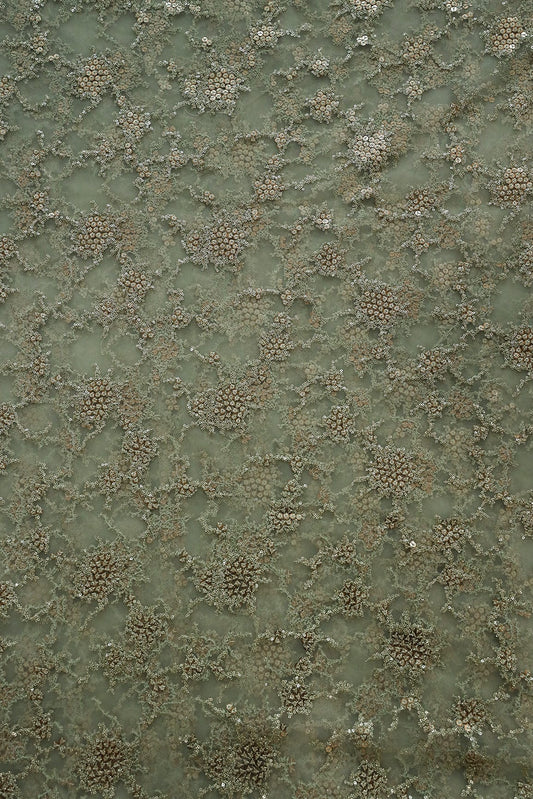 AIzaSyBcstauz-XMPRhEY21AUzeo032pxrXB5Ug - Gold Sequins with Olive Thread Work Embroidery On Olive Soft Net Fabric