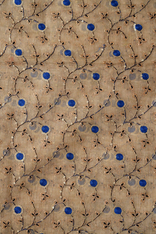 AIzaSyBcstauz-XMPRhEY21AUzeo032pxrXB5Ug - Gold Sequins With Royal Blue Color Thread Floral Embroidery On Beige Kota Doria Net Fabric