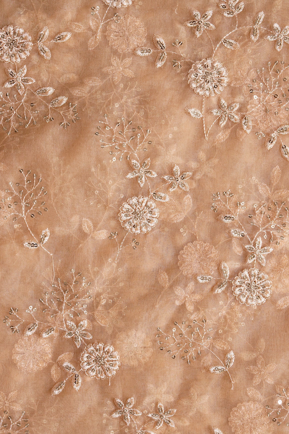 AIzaSyBcstauz-XMPRhEY21AUzeo032pxrXB5Ug - Gold Sequins With Thread Floral Embroidery On Beige Organza Fabric