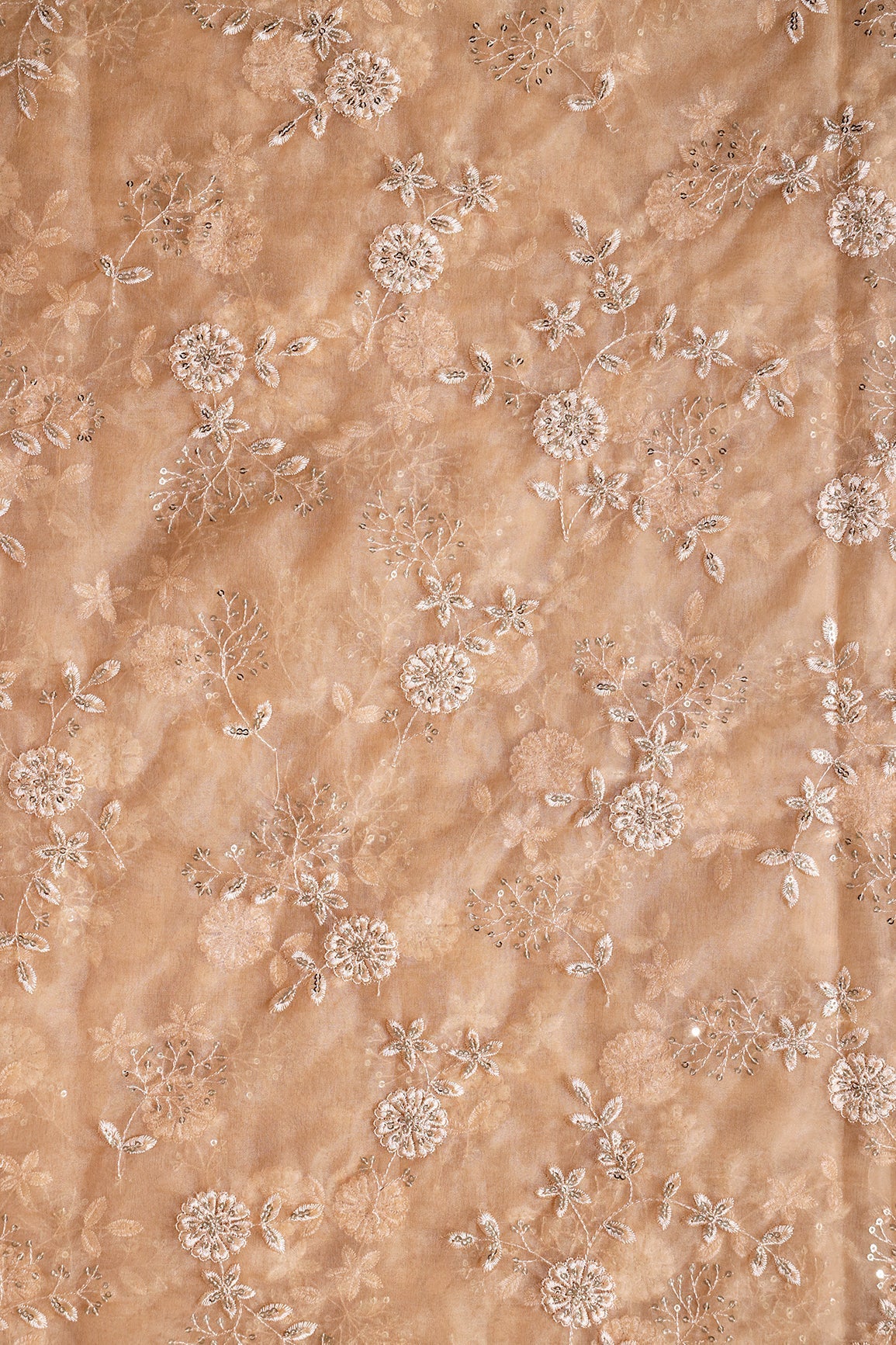 AIzaSyBcstauz-XMPRhEY21AUzeo032pxrXB5Ug - Gold Sequins With Thread Floral Embroidery On Beige Organza Fabric