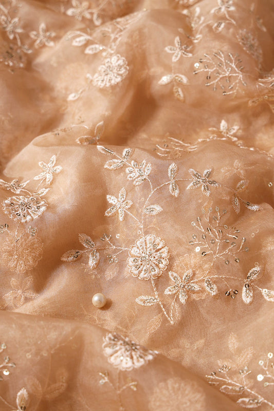 AIzaSyBcstauz-XMPRhEY21AUzeo032pxrXB5Ug - Gold Sequins With Thread Floral Embroidery On Beige Organza Fabric
