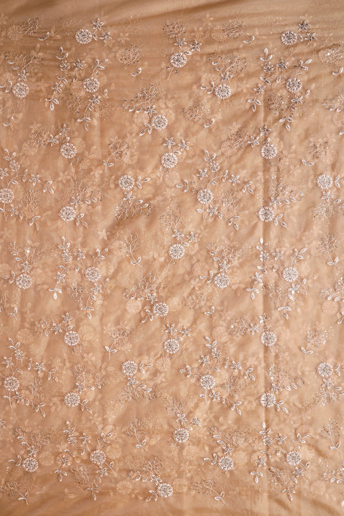 AIzaSyBcstauz-XMPRhEY21AUzeo032pxrXB5Ug - Gold Sequins With Thread Floral Embroidery On Beige Organza Fabric