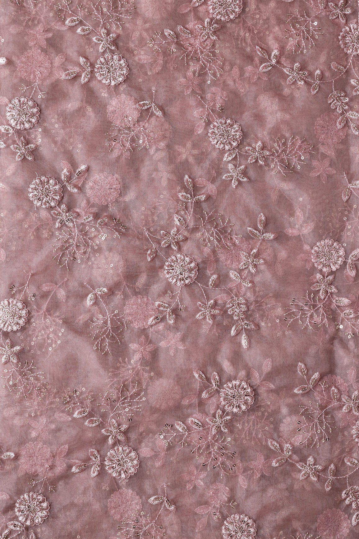 AIzaSyBcstauz-XMPRhEY21AUzeo032pxrXB5Ug - Gold Sequins With Thread Floral Embroidery On Mauve Organza Fabric