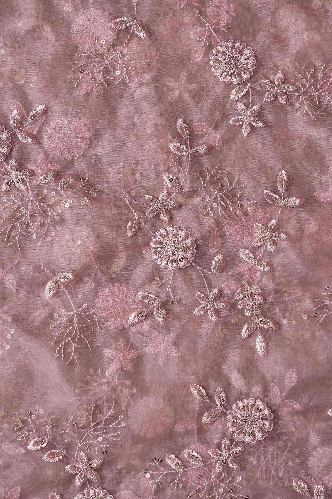 AIzaSyBcstauz-XMPRhEY21AUzeo032pxrXB5Ug - Gold Sequins With Thread Floral Embroidery On Mauve Organza Fabric