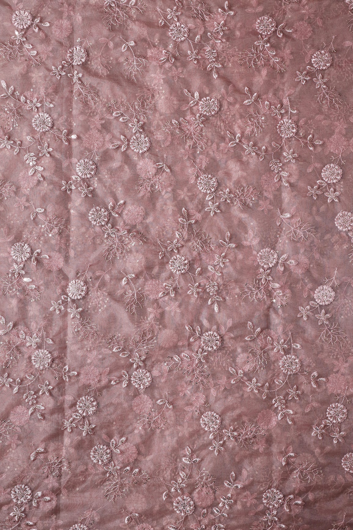 AIzaSyBcstauz-XMPRhEY21AUzeo032pxrXB5Ug - Gold Sequins With Thread Floral Embroidery On Mauve Organza Fabric