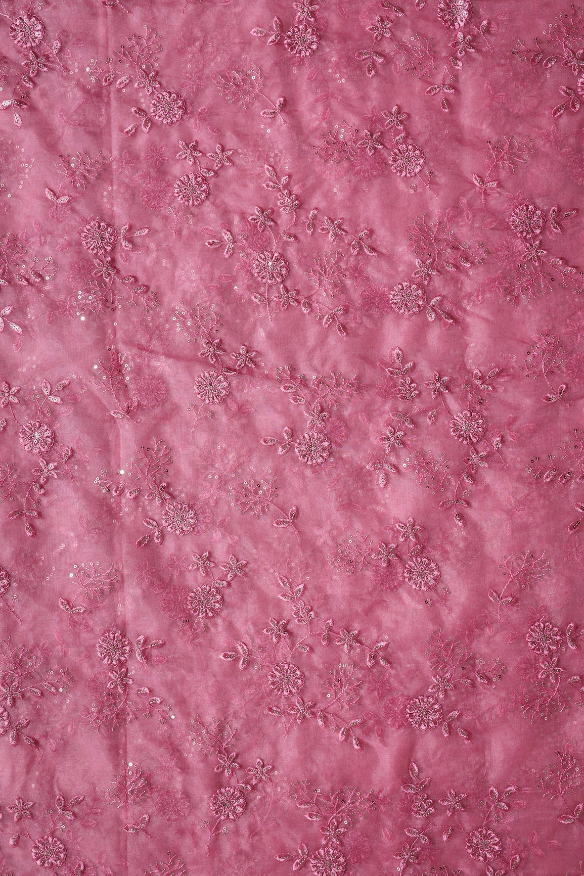 AIzaSyBcstauz-XMPRhEY21AUzeo032pxrXB5Ug - Gold Sequins With Thread Floral Embroidery On Pink Organza Fabric