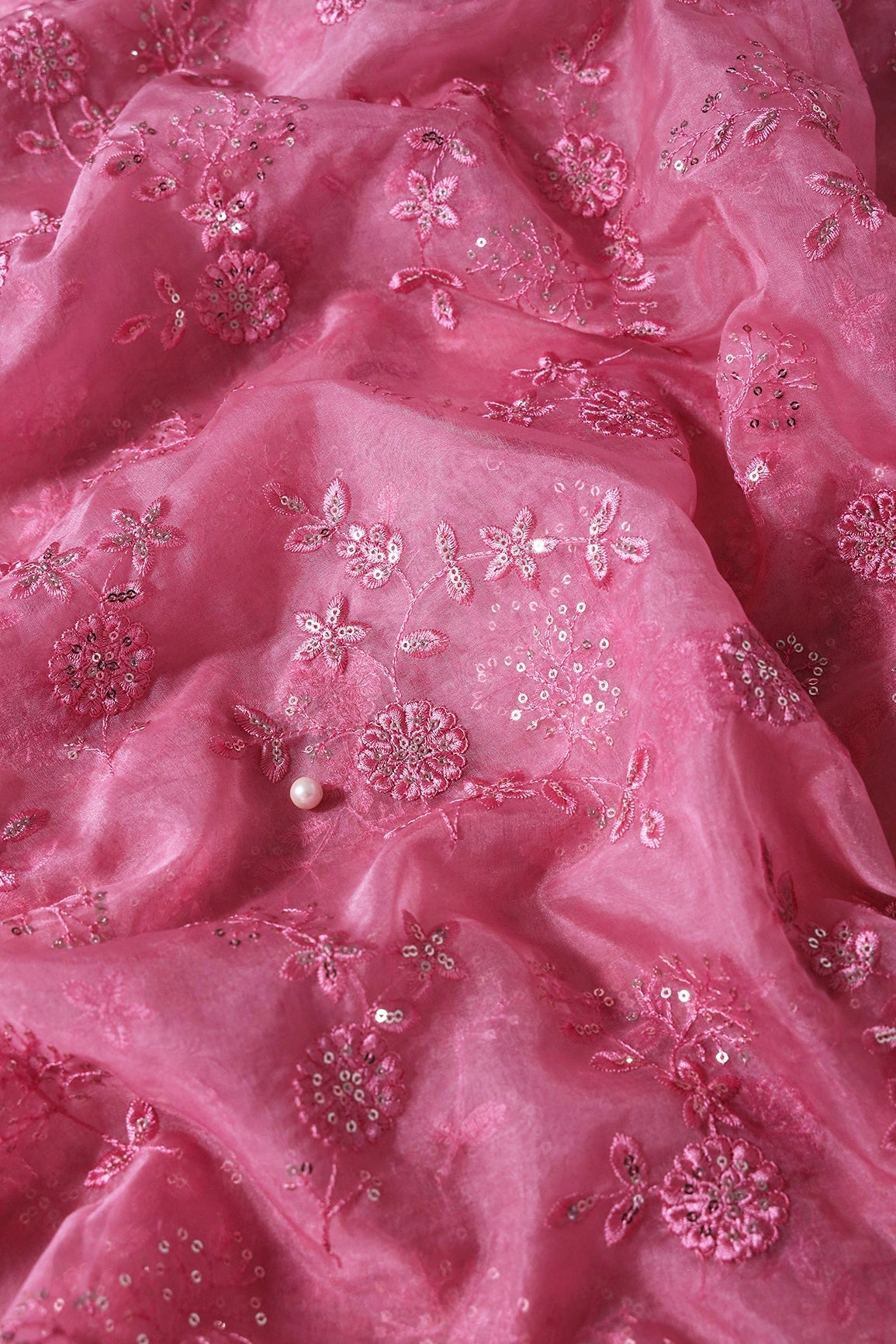 AIzaSyBcstauz-XMPRhEY21AUzeo032pxrXB5Ug - Gold Sequins With Thread Floral Embroidery On Pink Organza Fabric