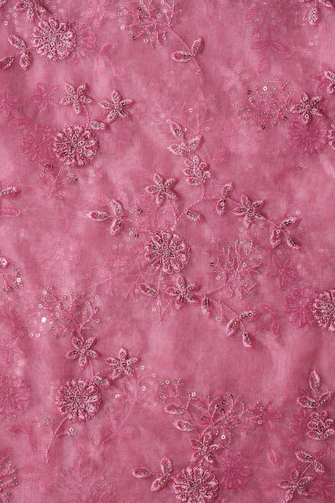 AIzaSyBcstauz-XMPRhEY21AUzeo032pxrXB5Ug - Gold Sequins With Thread Floral Embroidery On Pink Organza Fabric