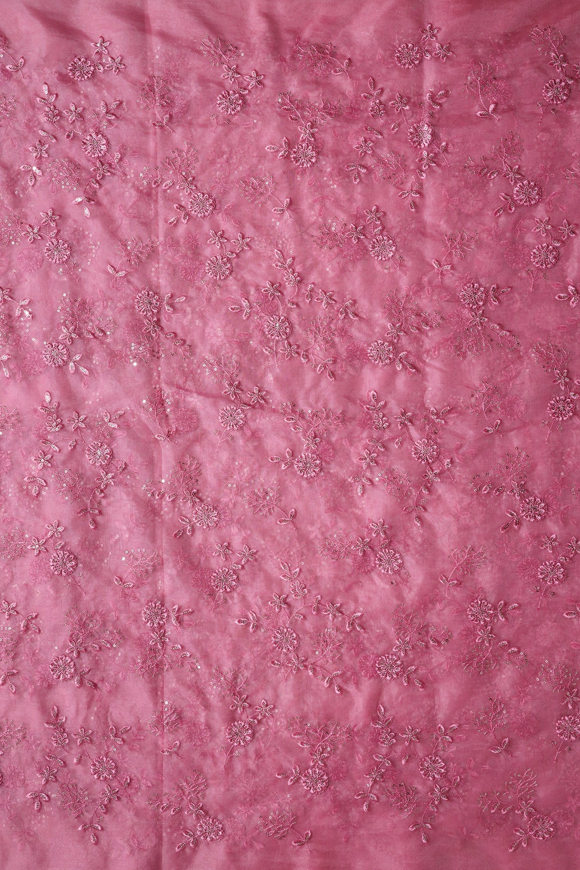 AIzaSyBcstauz-XMPRhEY21AUzeo032pxrXB5Ug - Gold Sequins With Thread Floral Embroidery On Pink Organza Fabric