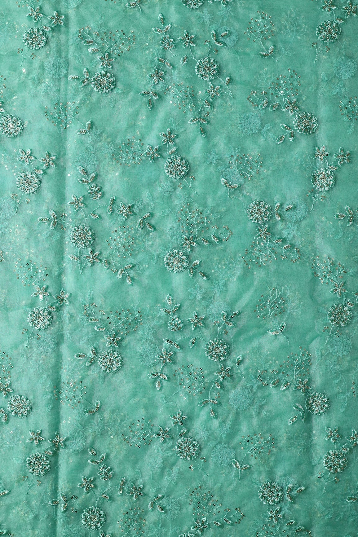 AIzaSyBcstauz-XMPRhEY21AUzeo032pxrXB5Ug - Gold Sequins With Thread Floral Embroidery On Teal Organza Fabric