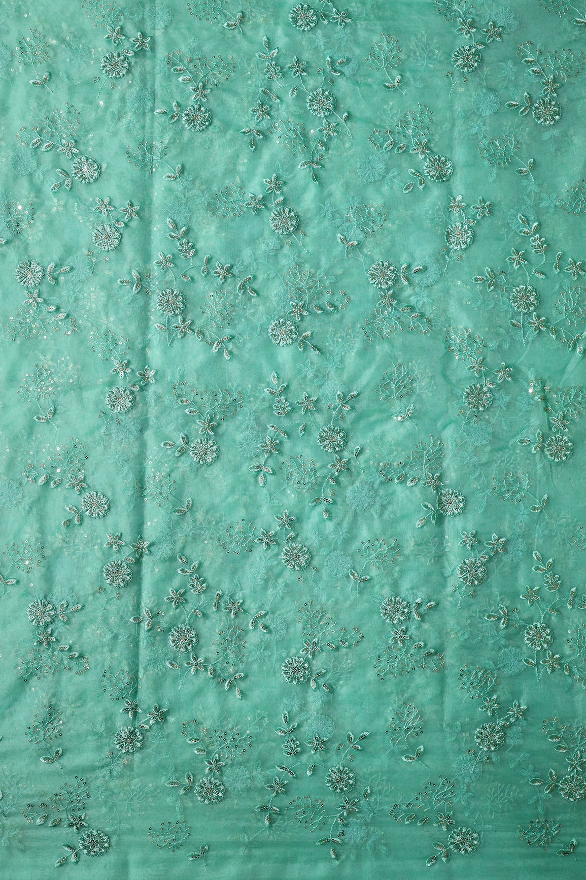AIzaSyBcstauz-XMPRhEY21AUzeo032pxrXB5Ug - Gold Sequins With Thread Floral Embroidery On Teal Organza Fabric