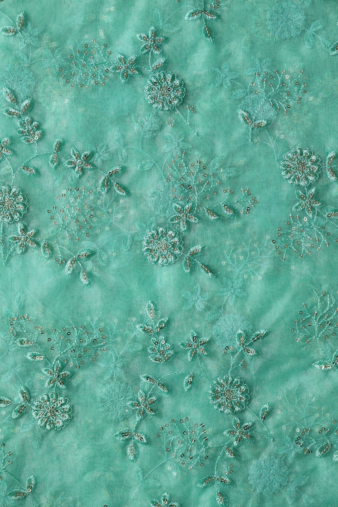 AIzaSyBcstauz-XMPRhEY21AUzeo032pxrXB5Ug - Gold Sequins With Thread Floral Embroidery On Teal Organza Fabric