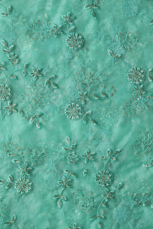 AIzaSyBcstauz-XMPRhEY21AUzeo032pxrXB5Ug - Gold Sequins With Thread Floral Embroidery On Teal Organza Fabric