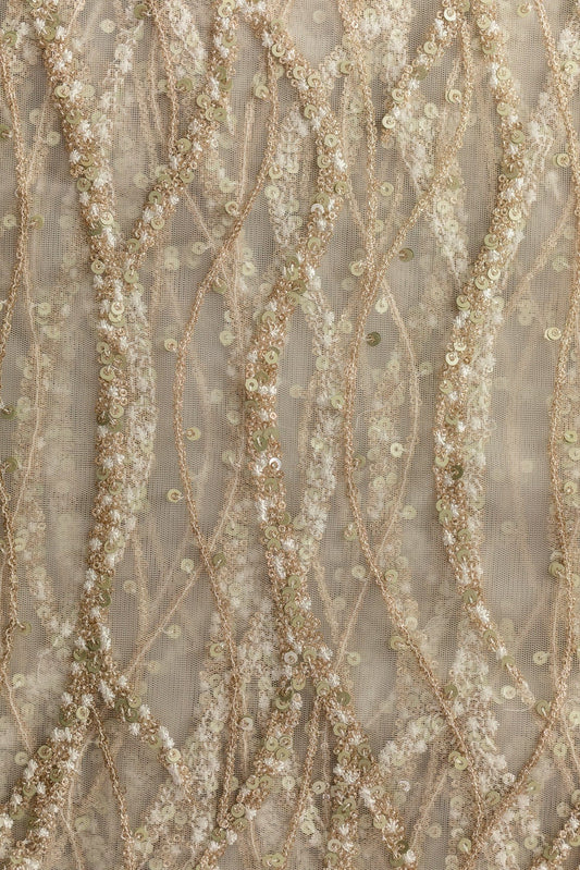 AIzaSyBcstauz-XMPRhEY21AUzeo032pxrXB5Ug - Gold Sequins With White Thread Embroidery On White Dyeable Soft Net Fabric