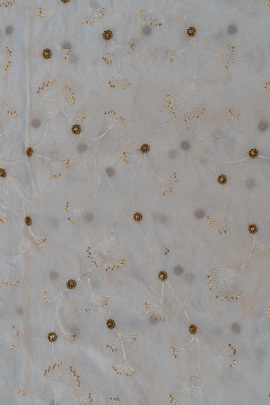 AIzaSyBcstauz-XMPRhEY21AUzeo032pxrXB5Ug - Gold Sequins With White Thread Floral Embroidery On Dyeable Natural Crepe