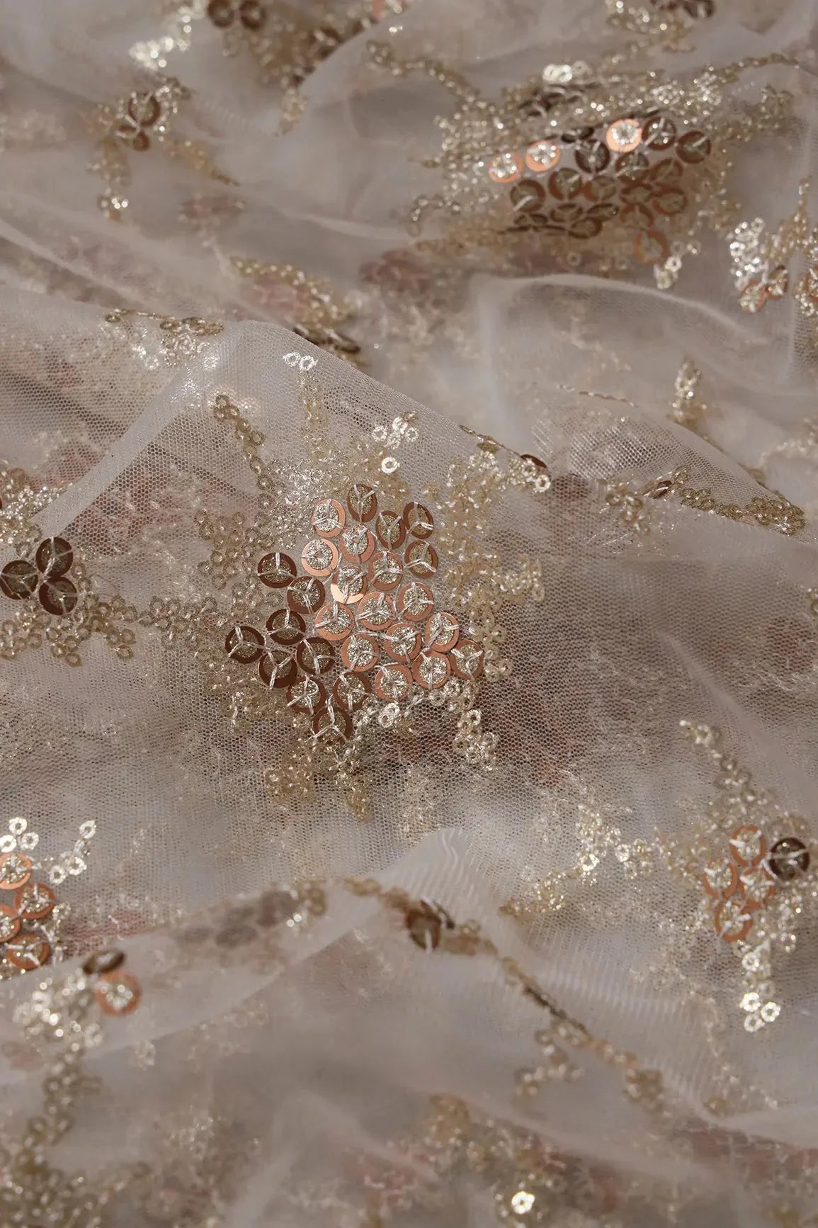 AIzaSyBcstauz-XMPRhEY21AUzeo032pxrXB5Ug - Gold Sequins With White Thread Work Embroidery On Dyeable White Soft Net Fabric