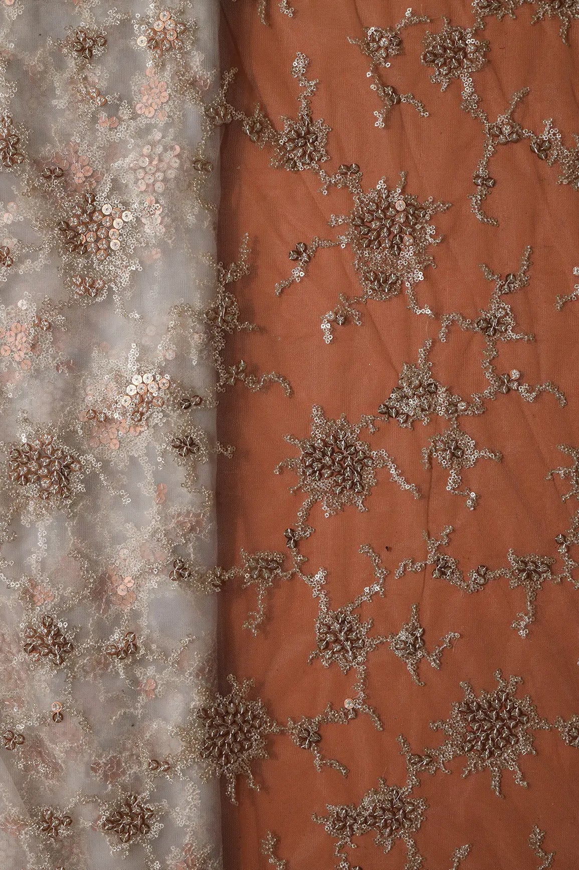 AIzaSyBcstauz-XMPRhEY21AUzeo032pxrXB5Ug - Gold Sequins With White Thread Work Embroidery On Dyeable White Soft Net Fabric