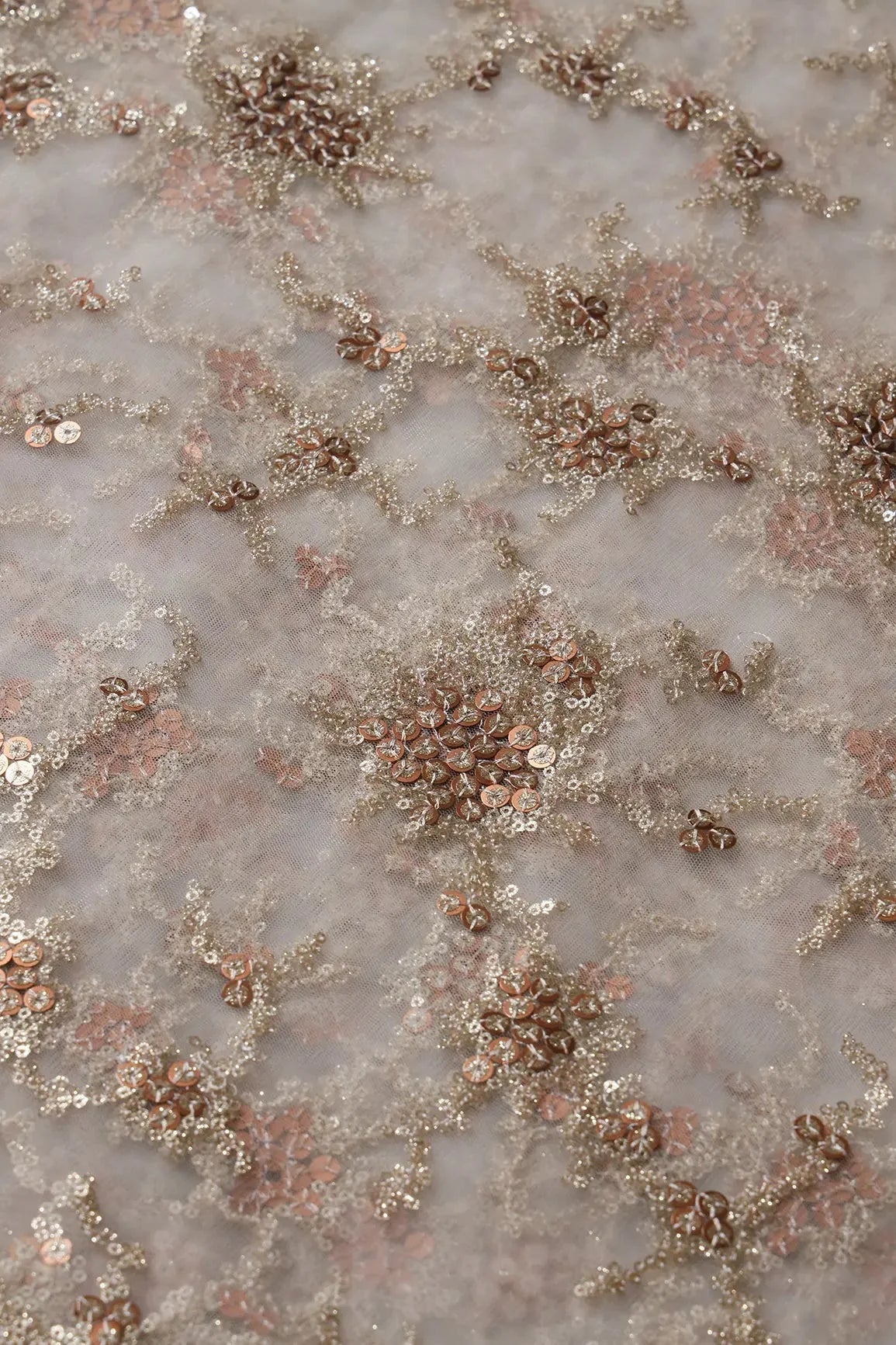 AIzaSyBcstauz-XMPRhEY21AUzeo032pxrXB5Ug - Gold Sequins With White Thread Work Embroidery On Dyeable White Soft Net Fabric