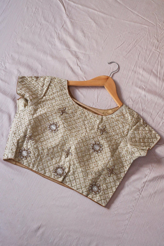 AIzaSyBcstauz-XMPRhEY21AUzeo032pxrXB5Ug - Gold Toned Hand Work Embroidery Pure Cotton Zari Stitched Blouse