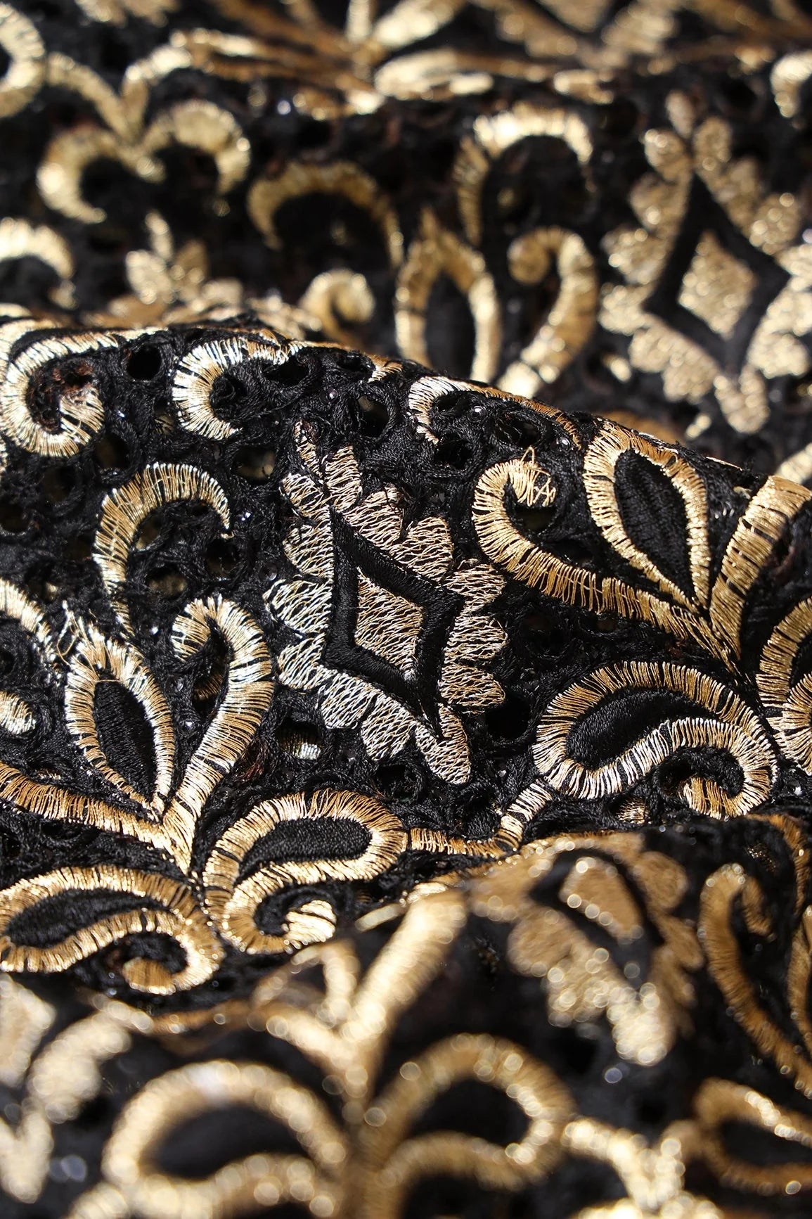 AIzaSyBcstauz-XMPRhEY21AUzeo032pxrXB5Ug - Gold Zari Embroidery Work With Black Thread Work On Black Cut Work Fabric