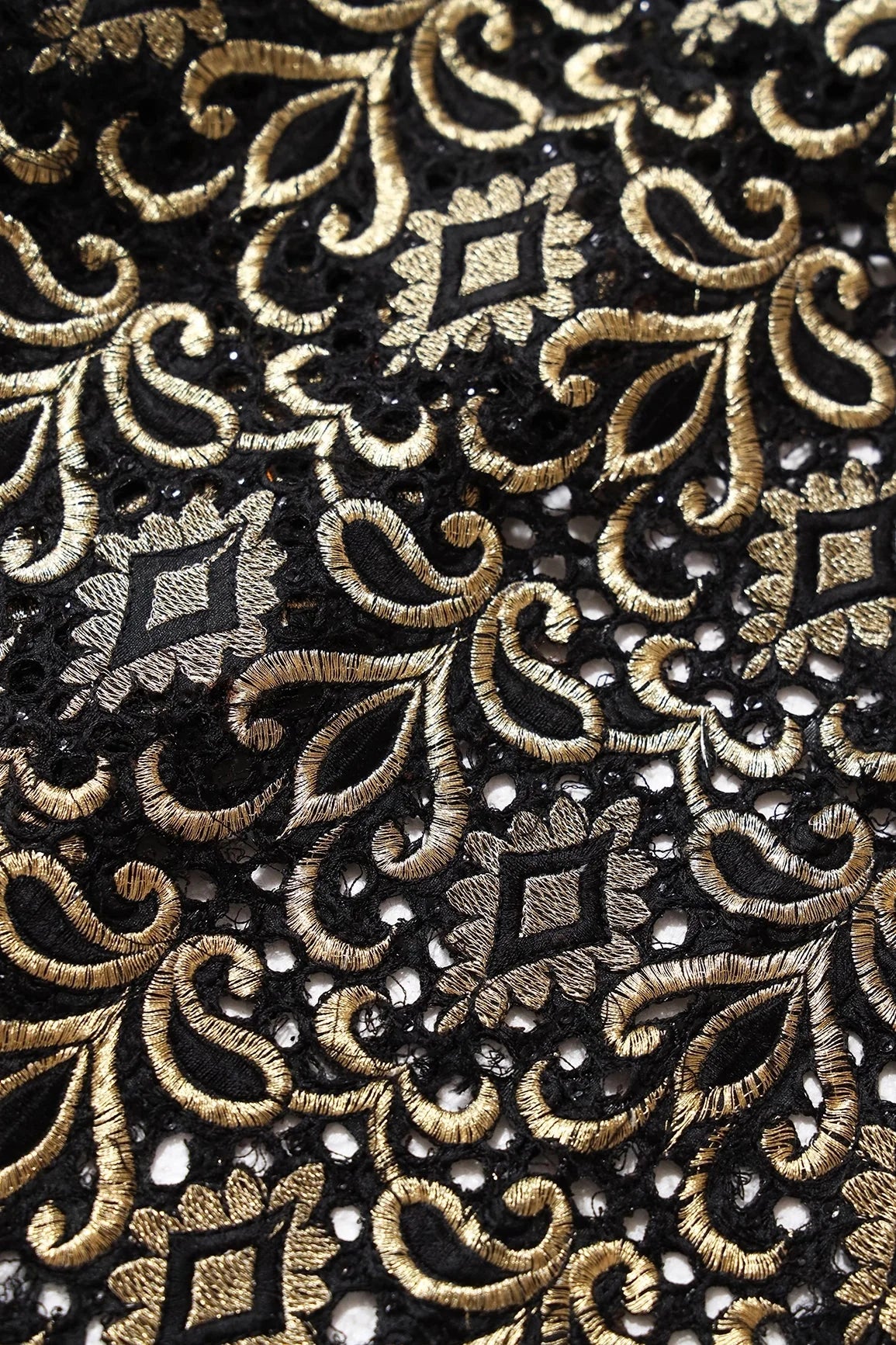 AIzaSyBcstauz-XMPRhEY21AUzeo032pxrXB5Ug - Gold Zari Embroidery Work With Black Thread Work On Black Cut Work Fabric