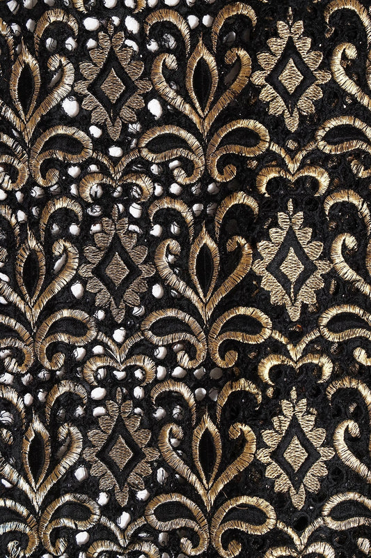 AIzaSyBcstauz-XMPRhEY21AUzeo032pxrXB5Ug - Gold Zari Embroidery Work With Black Thread Work On Black Cut Work Fabric