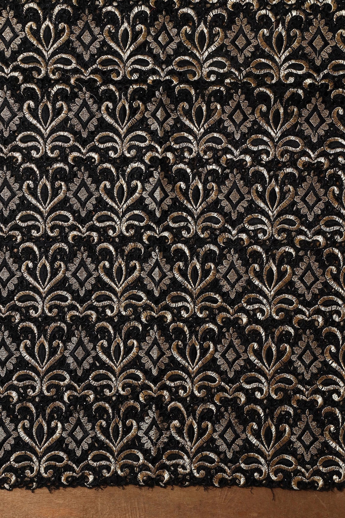 AIzaSyBcstauz-XMPRhEY21AUzeo032pxrXB5Ug - Gold Zari Embroidery Work With Black Thread Work On Black Cut Work Fabric
