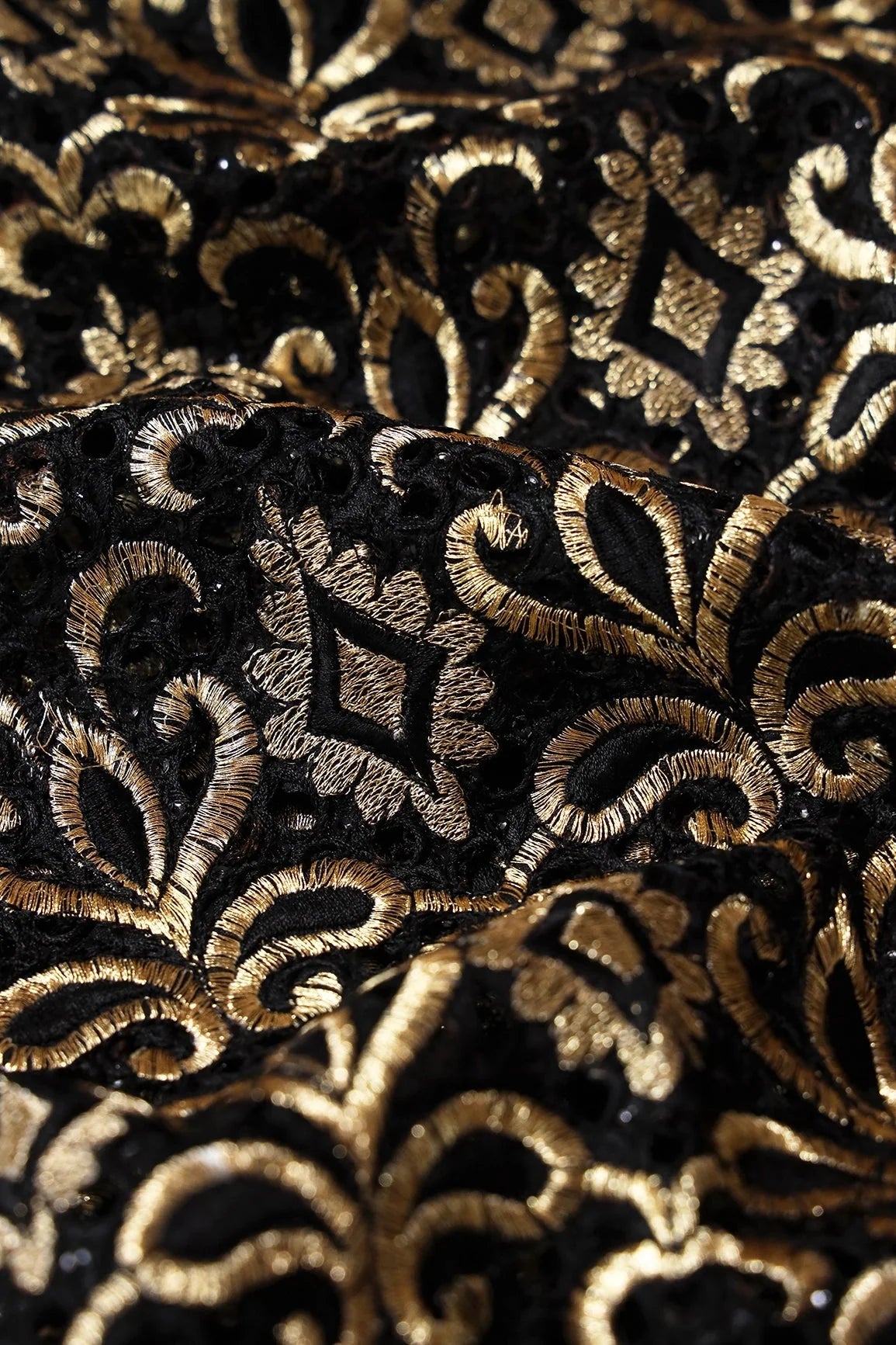 AIzaSyBcstauz-XMPRhEY21AUzeo032pxrXB5Ug - Gold Zari Embroidery Work With Black Thread Work On Black Cut Work Fabric