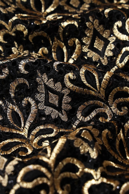 AIzaSyBcstauz-XMPRhEY21AUzeo032pxrXB5Ug - Gold Zari Embroidery Work With Black Thread Work On Black Cut Work Fabric