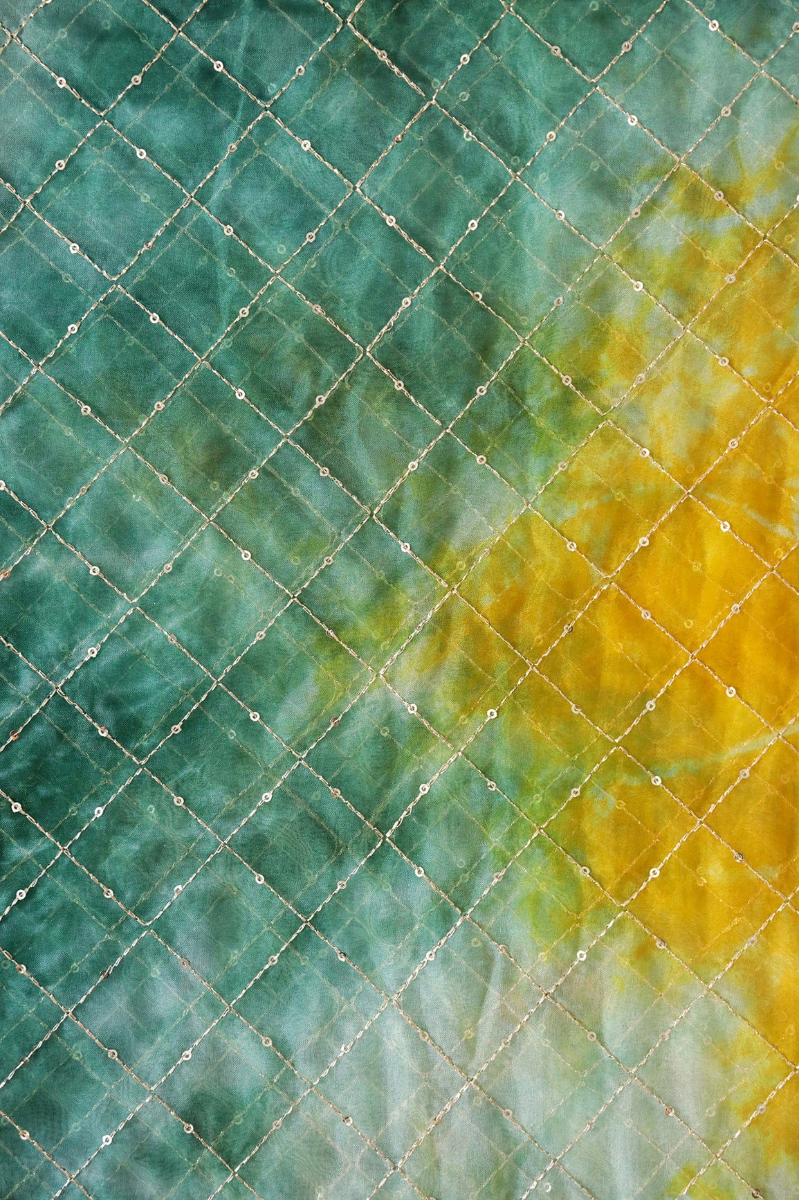 AIzaSyBcstauz-XMPRhEY21AUzeo032pxrXB5Ug - Gold Zari With Gold Sequins Checks Embroidery Work On Tie & Dye Green And Yellow Organza Fabric