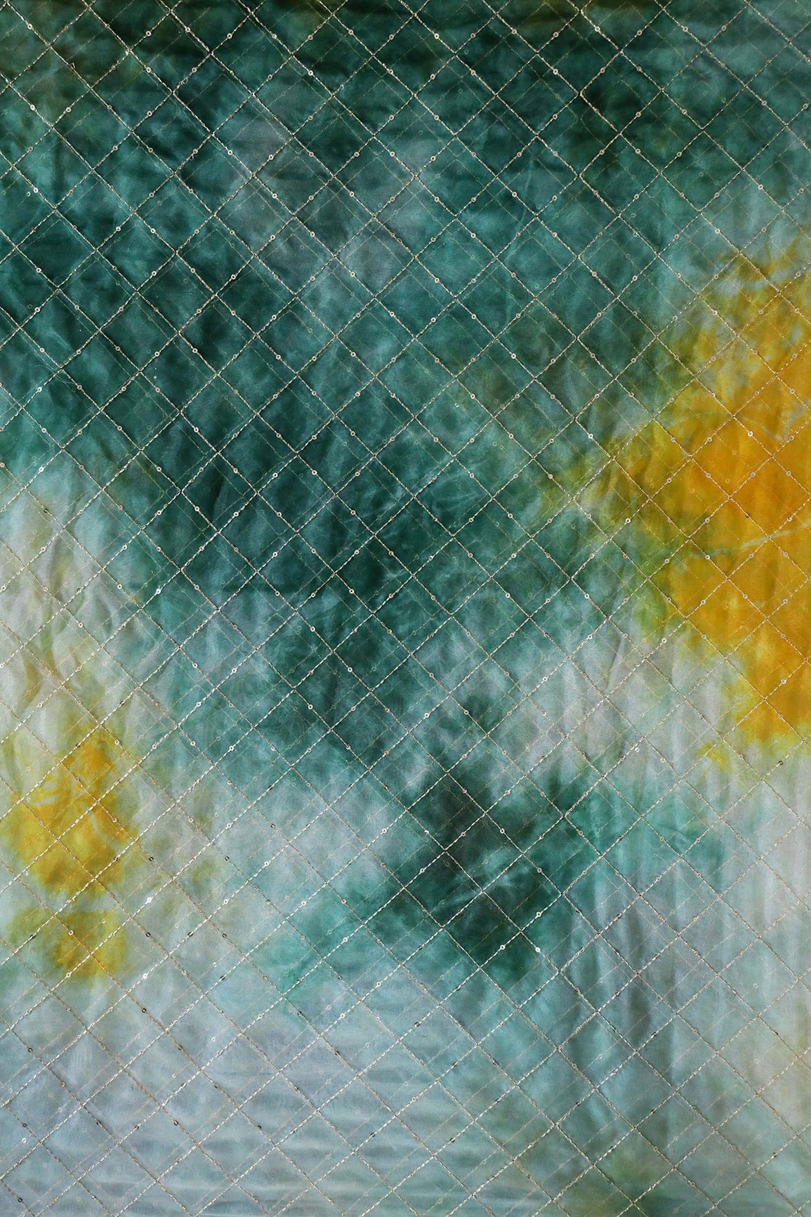 AIzaSyBcstauz-XMPRhEY21AUzeo032pxrXB5Ug - Gold Zari With Gold Sequins Checks Embroidery Work On Tie & Dye Green And Yellow Organza Fabric