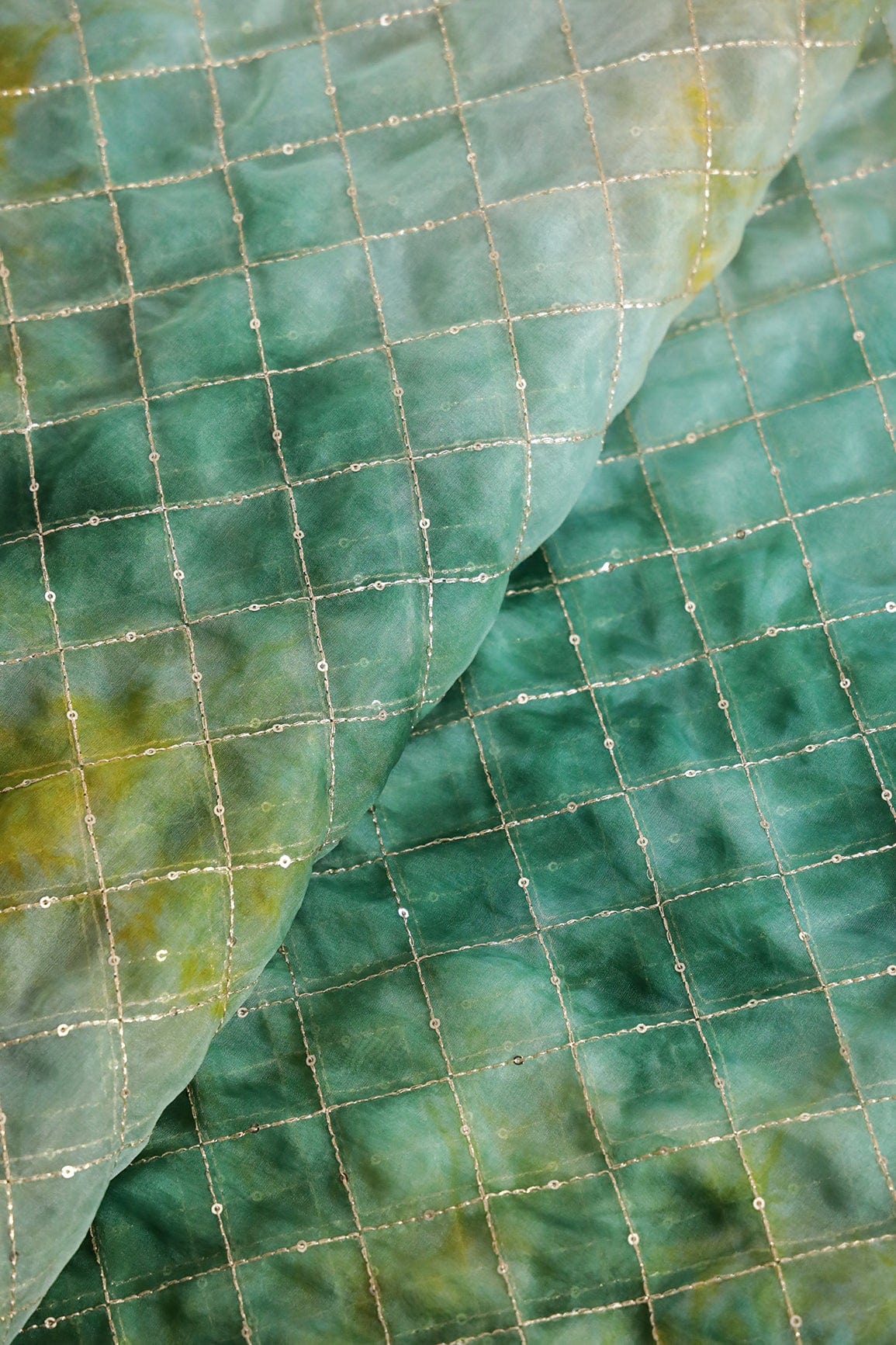 AIzaSyBcstauz-XMPRhEY21AUzeo032pxrXB5Ug - Gold Zari With Gold Sequins Checks Embroidery Work On Tie & Dye Green And Yellow Organza Fabric