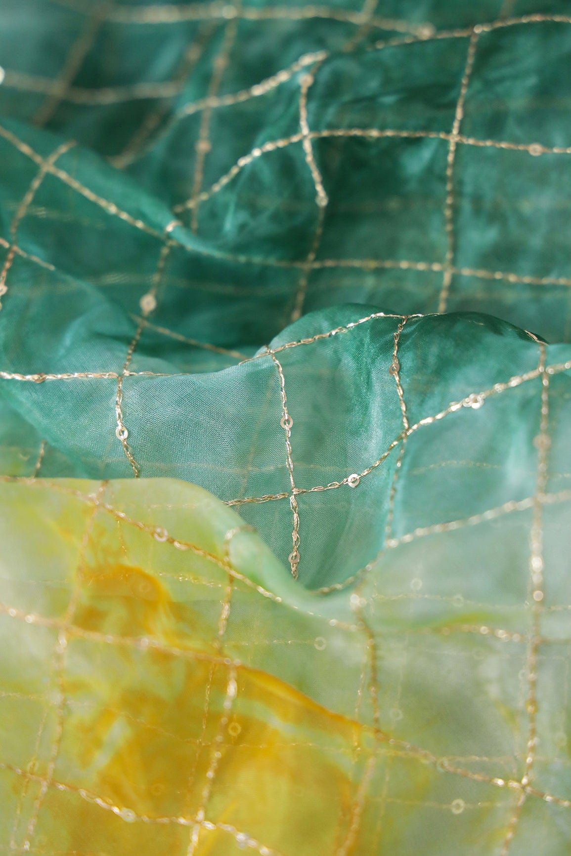 AIzaSyBcstauz-XMPRhEY21AUzeo032pxrXB5Ug - Gold Zari With Gold Sequins Checks Embroidery Work On Tie & Dye Green And Yellow Organza Fabric