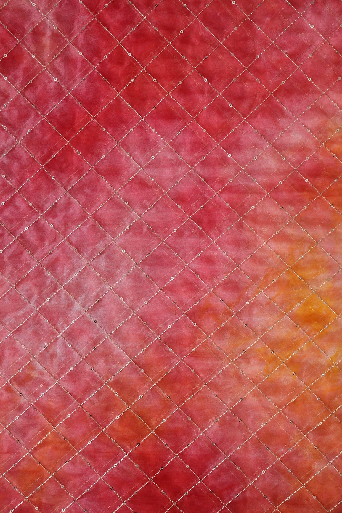 AIzaSyBcstauz-XMPRhEY21AUzeo032pxrXB5Ug - Gold Zari With Gold Sequins Checks Embroidery Work On Tie & Dye Red And Pink Organza Fabric