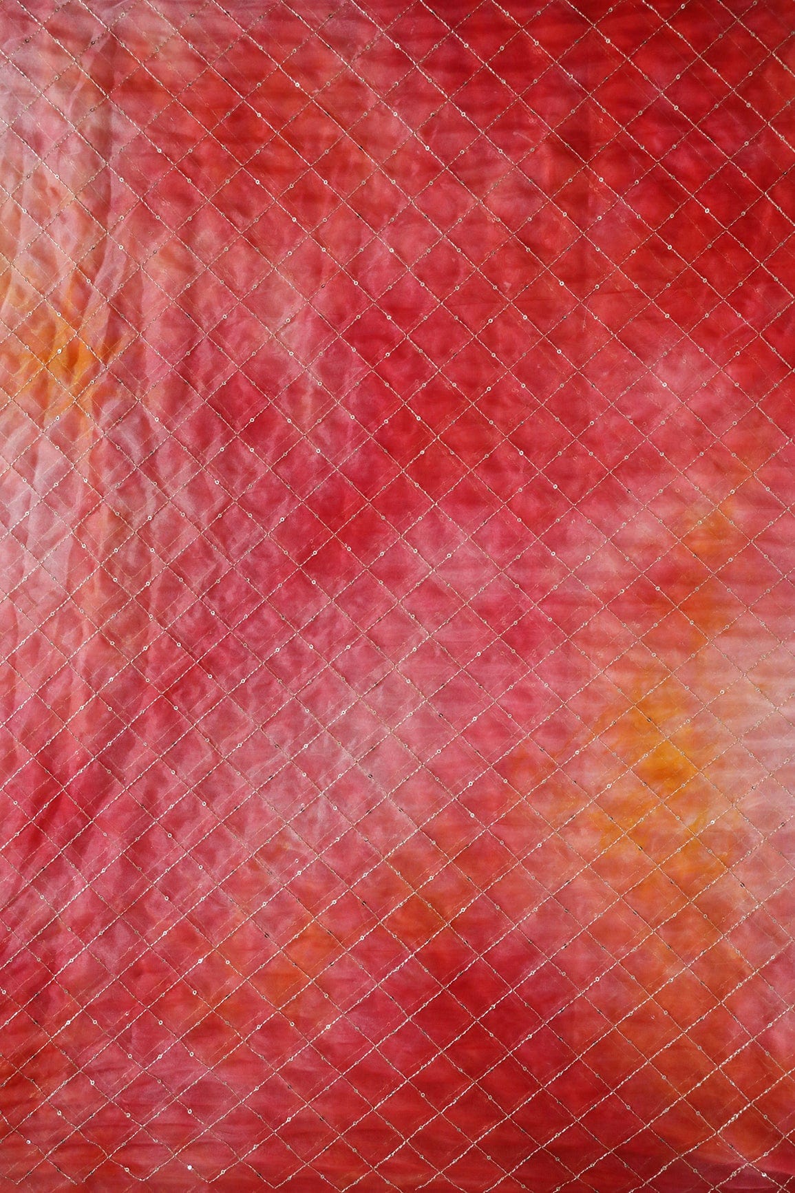AIzaSyBcstauz-XMPRhEY21AUzeo032pxrXB5Ug - Gold Zari With Gold Sequins Checks Embroidery Work On Tie & Dye Red And Pink Organza Fabric