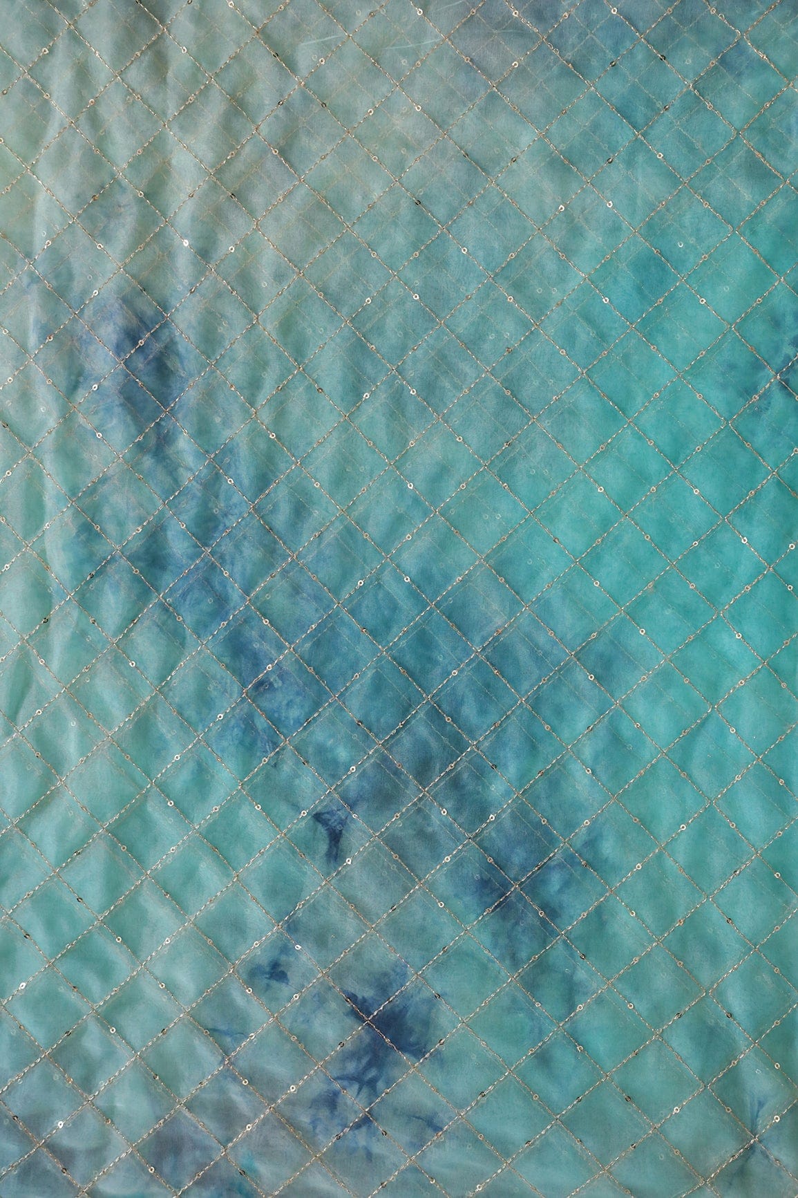 AIzaSyBcstauz-XMPRhEY21AUzeo032pxrXB5Ug - Gold Zari With Gold Sequins Checks Embroidery Work On Tie & Dye Turquoise And Blue Organza Fabric