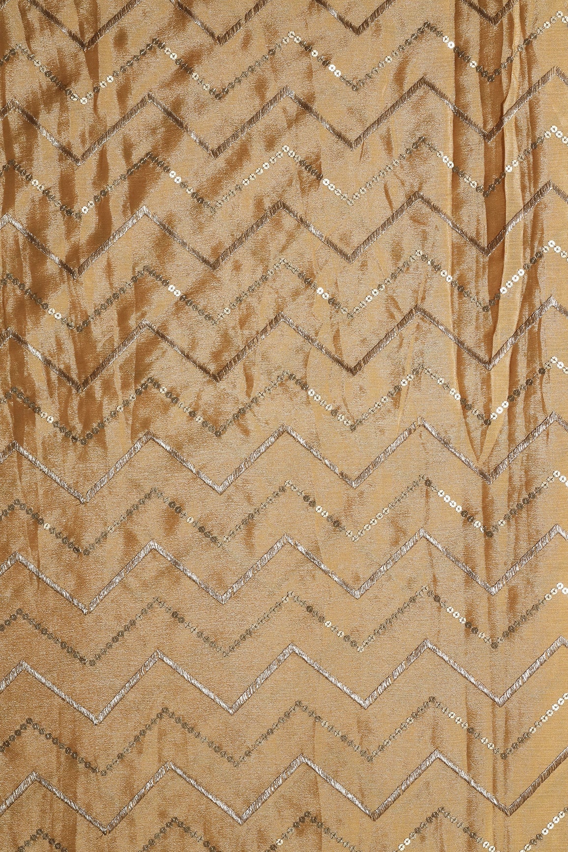 AIzaSyBcstauz-XMPRhEY21AUzeo032pxrXB5Ug - Gold Zari With Gold Sequins Chevron Embroidery Work On Beige Chinnon Chiffon Fabric