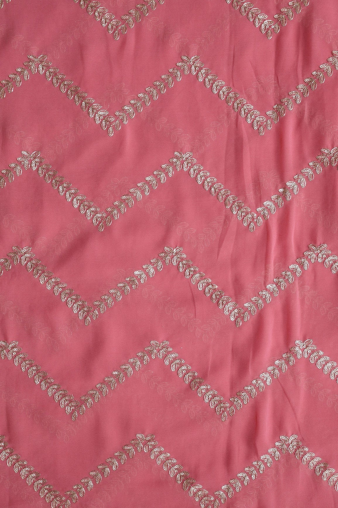 AIzaSyBcstauz-XMPRhEY21AUzeo032pxrXB5Ug - Gold Zari With Gold Sequins Chevron Embroidery Work On Gajri Pink Georgette Fabric